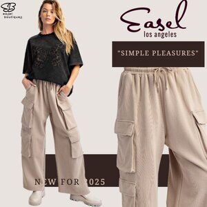 📌 EASEL “Simple Pleasures” Thick Mineral Wash Terry Knit Cargos Wide Leg Pockets